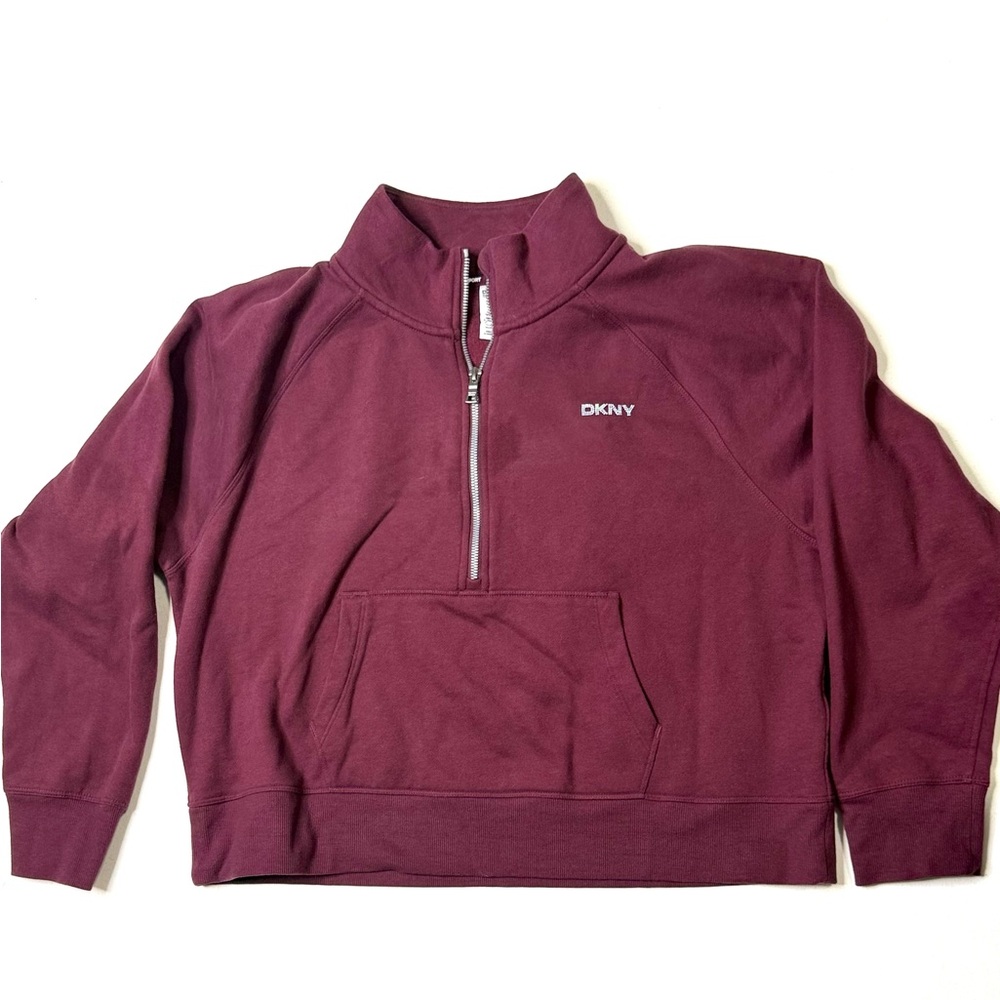 DKNY Sport Quarter Zip  Up Maroon Sweatshirt Logo Fleece Line Size XL
